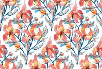 Seamless vintage floral pattern. Decorative flowers are drawn on paper with colored pencils. Handmade. Grunge texture. - 766966321