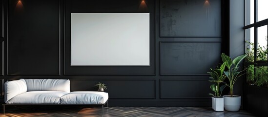 Interior featuring a black wall and an empty poster.