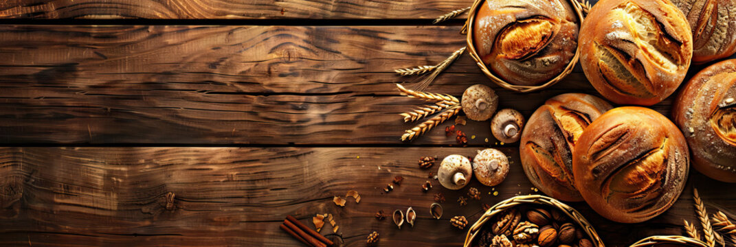 Rustic bakery concept . wooden background . Modern cover header background banner with space for text, top view Cover ads banner, flyer, Blank