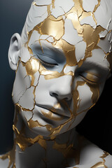 White woman sculpture with cracked Gold skin. Wall poster print template.