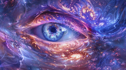 A close-up view of an eye with numerous stars in the background, creating a celestial and mesmerizing scene