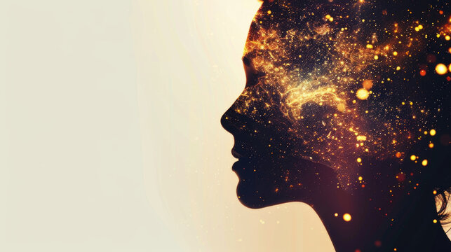 Silhouette of a womans head with numerous stars exploding outwards