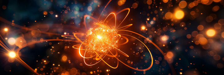Abstract atomic particle with glowing trails.