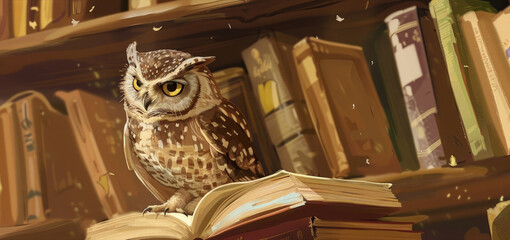 Owl perches atop a book, showcasing its majestic feathers and striking eyes in a learning environment