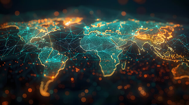 Glowing World Map On Dark Background. Globalization Concept. Communications Network Map Of The World. Technological Futuristic Background. World Connectivity And Global Networking Concept