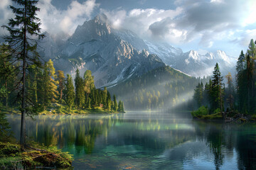 Fototapeta na wymiar Sunlight streaming through trees onto a misty mountain lake
