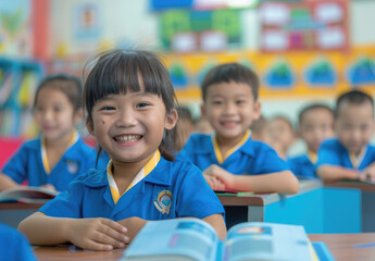 An asian school classroom full of happy children, boys and girls wearing blue uniforms sitting at their desks reading books