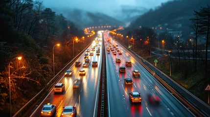 Tuinposter Busy traffic on the highway at night with beautiful city lights and car headlights © siti