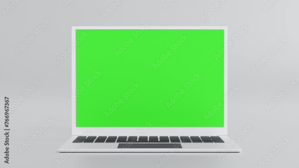 Wall mural laptop computer notebook spin around and open to show green screen display, application website prom