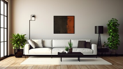 interior design, modern family room or simple and minimalist living room with sofa, table, lamp