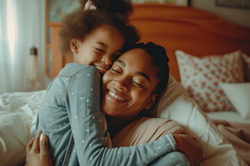 African American woman and her little daughter hugging in bedroom - obrazy, fototapety, plakaty
