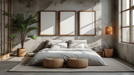 Mockup of blank frame in minimalistic interior, bedroom with beige bed, large panoramic window and green plants, loft style, neutral organic colors, AI generated