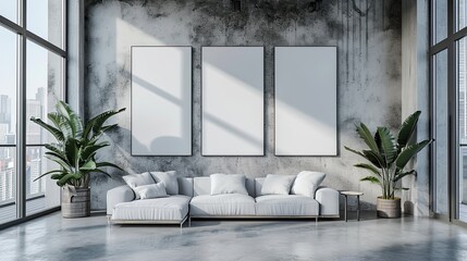 Mockup of blank frame in minimalistic living room interior, lounge zone with couch, large window,...
