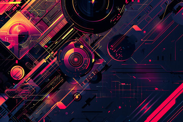 Vibrant abstract circuitry illustration with red and purple tones