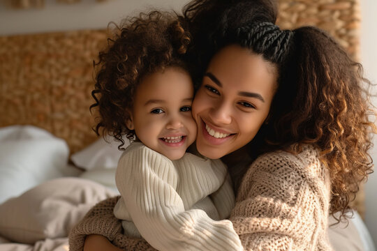 African American woman and her little daughter hugging in bedroom