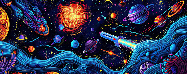 Embroidery universe, spaceship, satellite, space station, galaxy, nebula, planet, moon, star, comet seamless pattern. Rocket, planet solar system - obrazy, fototapety, plakaty