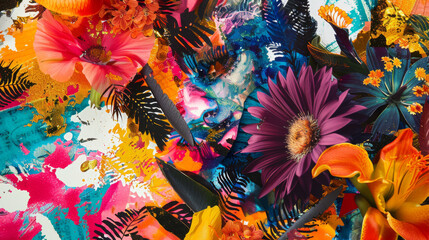 Vibrant Floral Fusion Artwork with Abstract Elements