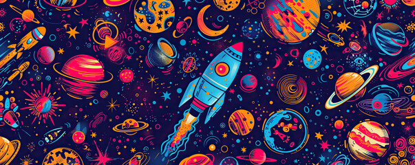 Embroidery universe, spaceship, satellite, space station, galaxy, nebula, planet, moon, star, comet seamless pattern. Rocket, planet solar system