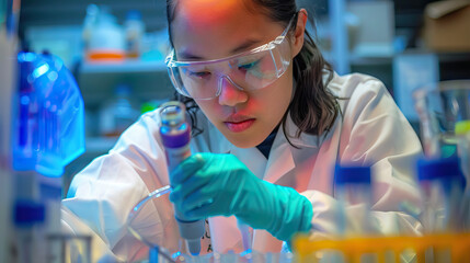 A Pacific Islander girl with Down syndrome expressing curiosity and interest while working as a scientist in a laboratory. Learning Disability