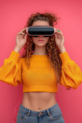 Very excited young casual woman VR glasses, touching something invisible on flat color background