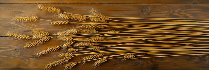 Top view of golden wheat ears lying neatly on a textured wooden background symbolizing agriculture, harvest, and natural food