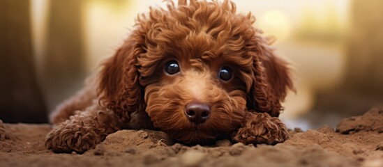 A brown poodle puppy, a water dog breed known for its curly coat, is lying on the ground and looking at the camera with its fawncolored fur and adorable snout - obrazy, fototapety, plakaty