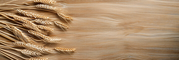 Top view of golden wheat ears lying neatly on a textured wooden background symbolizing agriculture,...