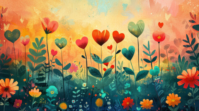 Vibrant Heart-Shaped Flowers in Enchanted Garden at Sunset