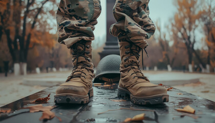 A man in camouflage pants and boots stands in front of a statue