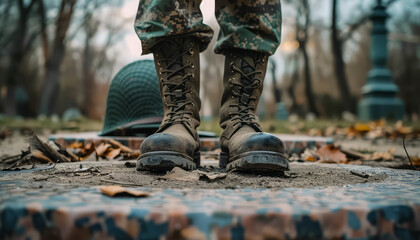 A man in camouflage pants and boots stands in front of a statue - obrazy, fototapety, plakaty