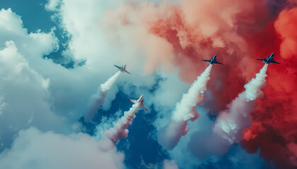 Three fighter jets are flying in the sky, leaving a trail of red, blue - obrazy, fototapety, plakaty