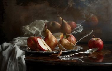 A vibrant still life with ripe apples and juicy pears nestled alongside a gleaming silver spoon, glasses or bowl - like food decorations Generative AI