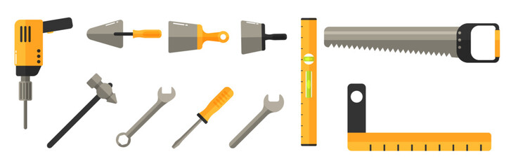 Construction tools set. Instruments for masonry works with concrete and brick, bricklayer job, hammer, screwdriver, drilling machine, paintbrush, spatula. For buildings, repair and renovation concept