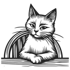 Skeptical cat sketch engraving generative ai raster illustration. Scratch board imitation. Black and white image. - obrazy, fototapety, plakaty