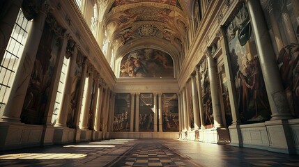 A grand hall with towering pillars and vaulted ceilings, lined with faded tapestries depicting scenes of battles long past. - obrazy, fototapety, plakaty