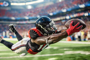 An American football athlete making a successful touchdown reception