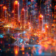 Fototapeta premium Neural Utopia, Holographic projection, A futuristic cityscape crafted from thoughts, a utopia of limitless possibilities 3D Render, Backlights, Chromatic Aberration