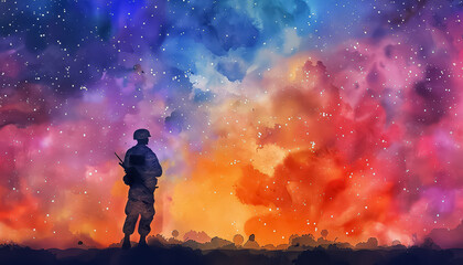 A man in a military uniform stands in front of a colorful sky with stars - obrazy, fototapety, plakaty