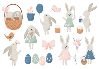 Cute Easter Bunnies Illustration Vector Set, Spring Bunnies Collection