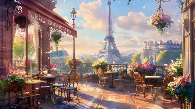 Quaint street scene painting capturing a charming cafe and the magnificent Eiffel Tower in the distance. Seamless Looping 4k Video Animation