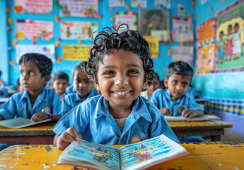 A school classroom full of happy India children, boys and girls wearing blue uniforms sitting at their desks reading books