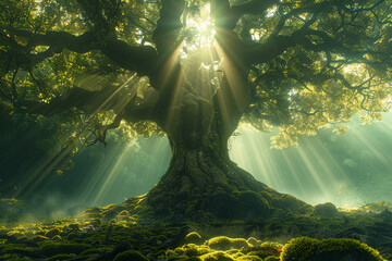 An ancient tree throne nestled amidst a misty, moss-covered forest clearing, with shafts of sunlight piercing through the canopy