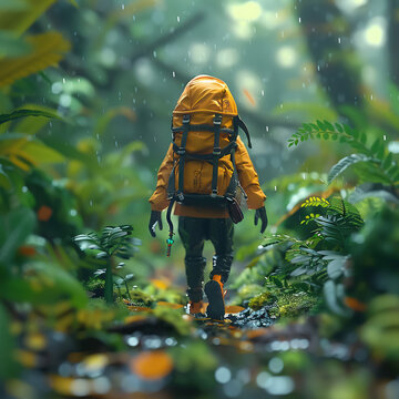Travelers, lightweight outfits, curious wanderers, stumbling upon mysterious wildlife in lush rainforests, amidst a light drizzle, 3D render, backlighting, HDR