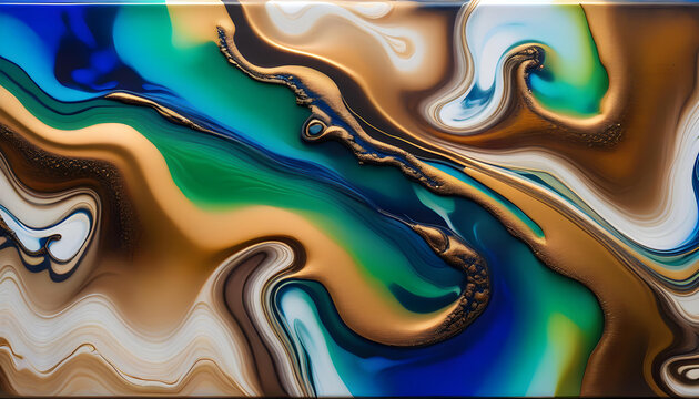 A photo of a fluid art piece with shades of blue, green, and bronze