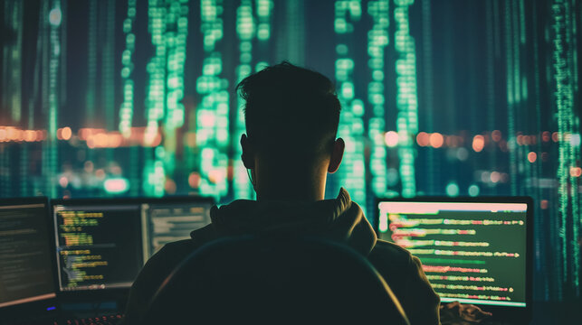 Back of a programmer with screens of code in the dark.