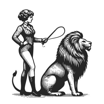 lion tamer in a classic performance pose with a majestic lion sketch engraving generative ai fictional character raster illustration. Scratch board imitation. Black and white image.