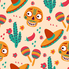 Vector mexican seamless pattern with sugar calavera skulls and floral elements