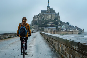 A woman with her bicycle at Mont Saint Michel in Normandy, France, capturing a moment of travel and exploration
