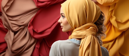 beautiful muslim woman in hijab looking at colorful curtains