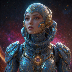 Beautiful woman dressed in shining galactic armor, on an interstellar background with purple nebulae. Video games, science fiction, fantasy themes.
